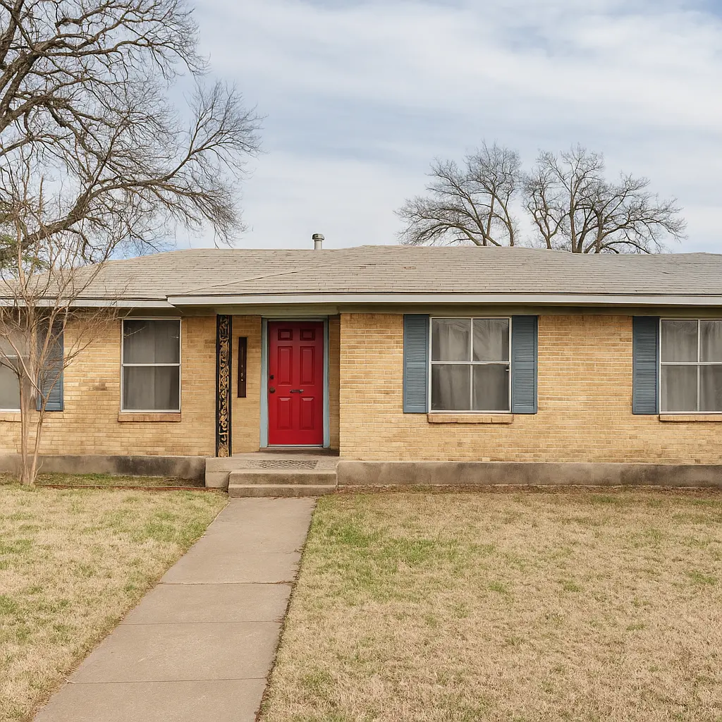 1970s style brick house in Carrollton, Texas with dated appearance