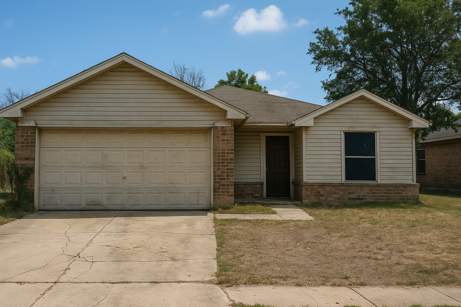 Distressed 1970s single-story home in Fort Worth, Texas with chipped paint, cracked brick, and overgrown grass.