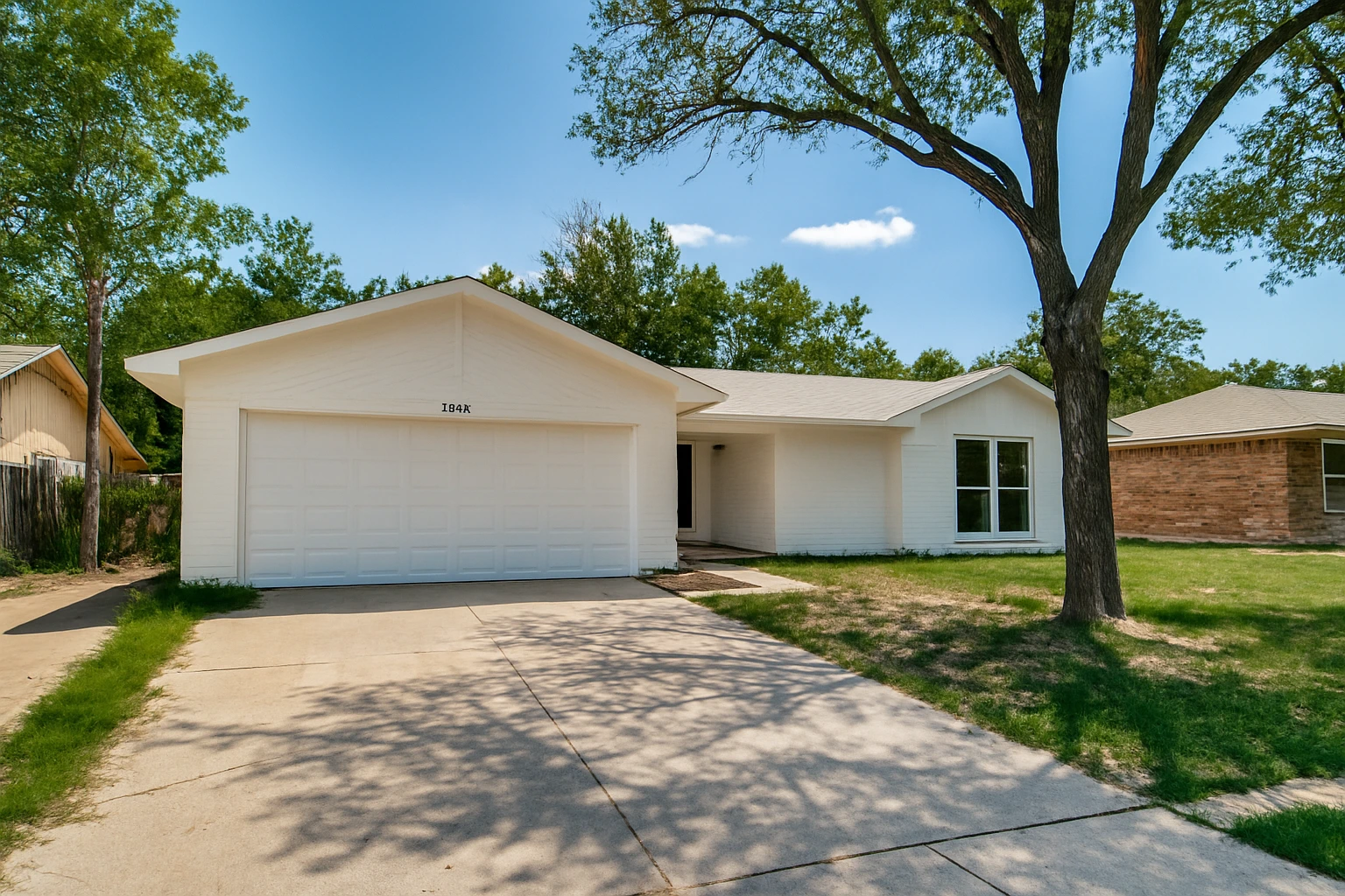 Distressed 1970s white-painted brick home in Fort Worth, Texas with minor wear, mature trees, and a concrete driveway.