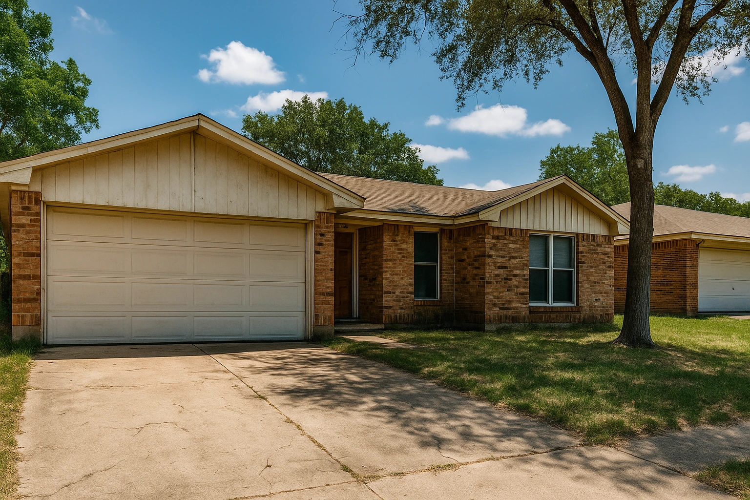 1970s red brick single-story home in Fort Worth, Texas with mature trees, a concrete driveway, and an older roof.