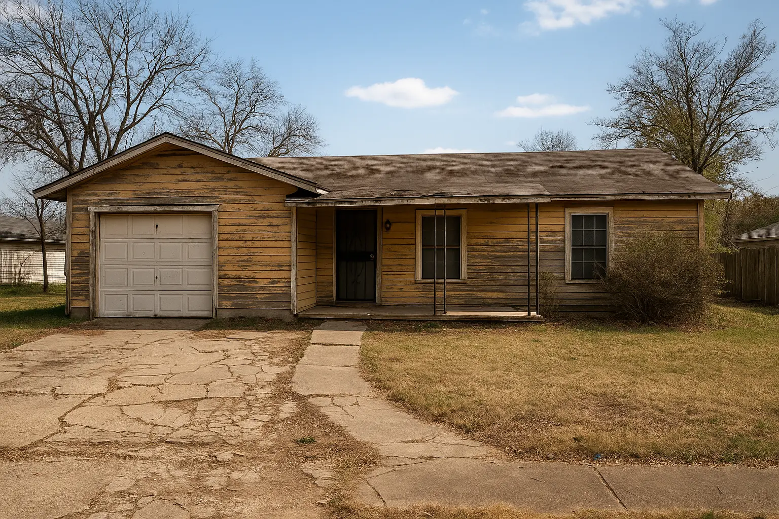 Distressed red brick single-family home in Grand Prairie, Texas