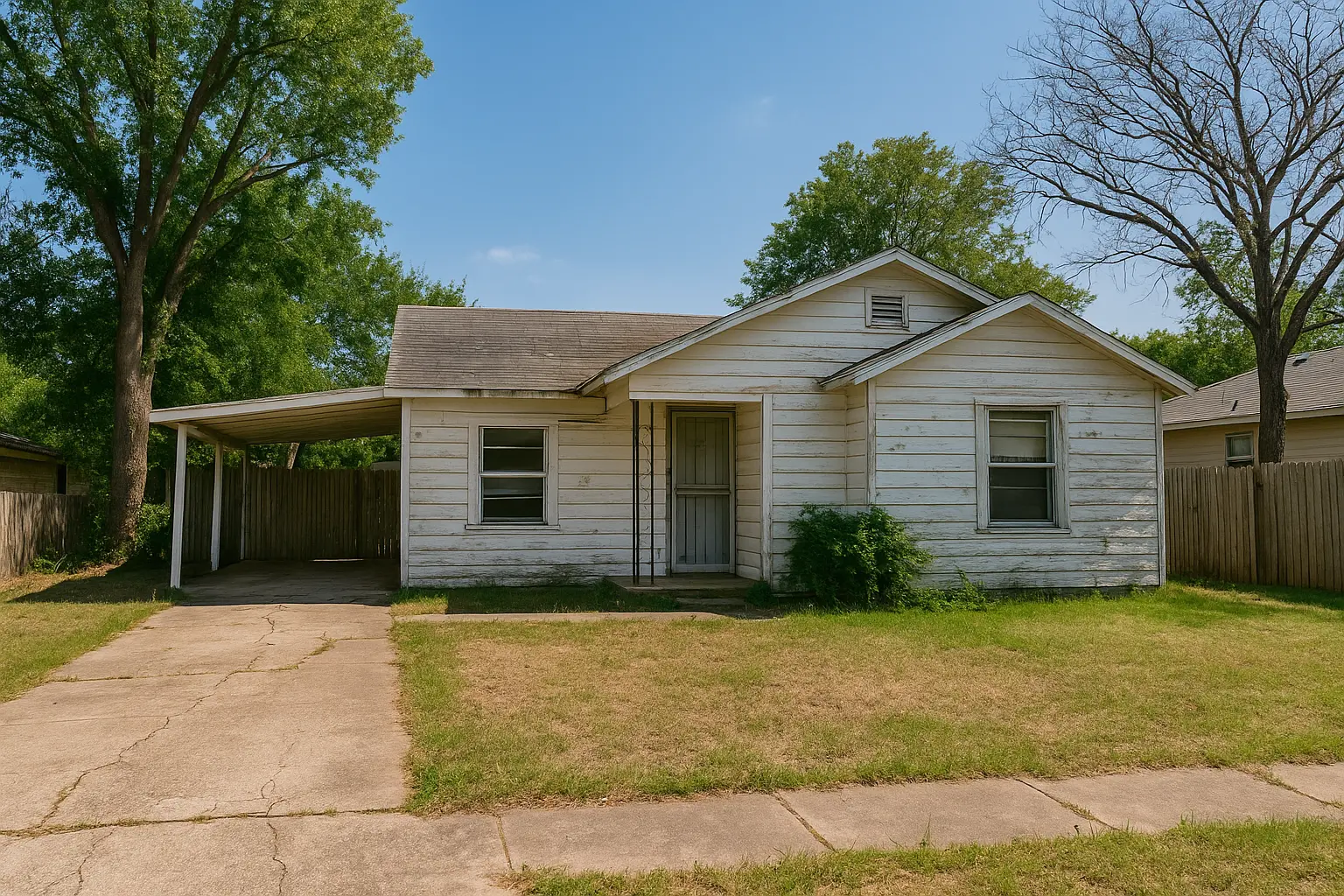 Distressed white single-family home in Grand Prairie, Texas