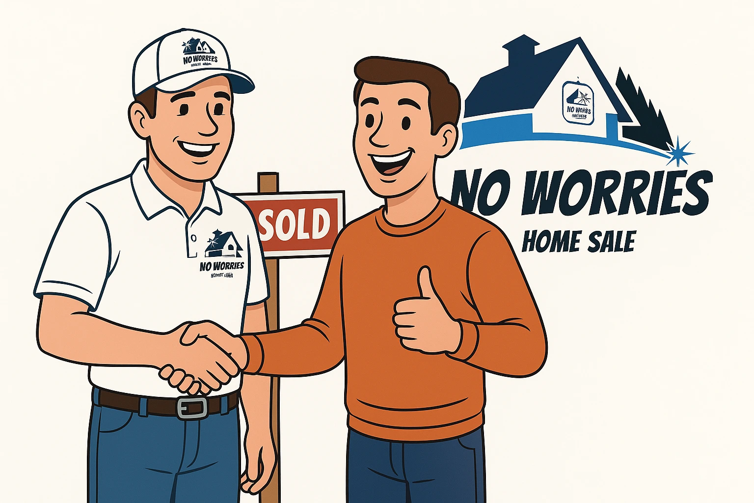 Illustration of a smiling No Worries Home Sale representative in a white polo and hat with the company logo, shaking hands with a happy homeowner giving a thumbs up in front of a "SOLD" sign.