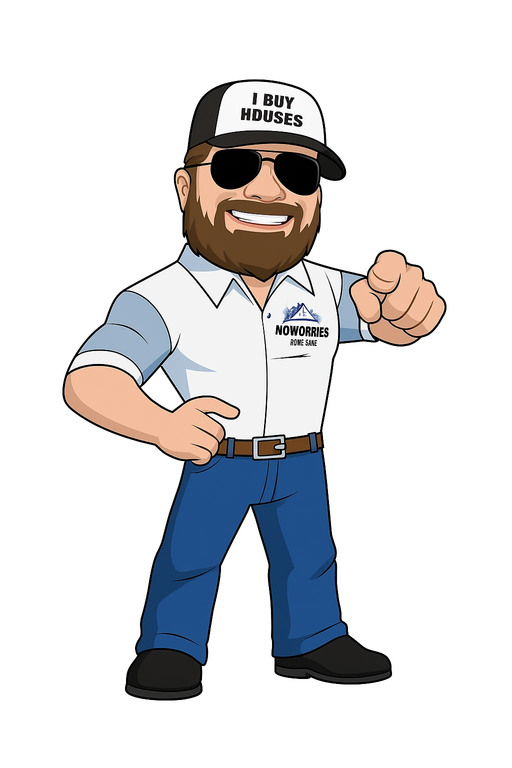 No Worries Home Sale mascot in sunglasses and white polo shirt