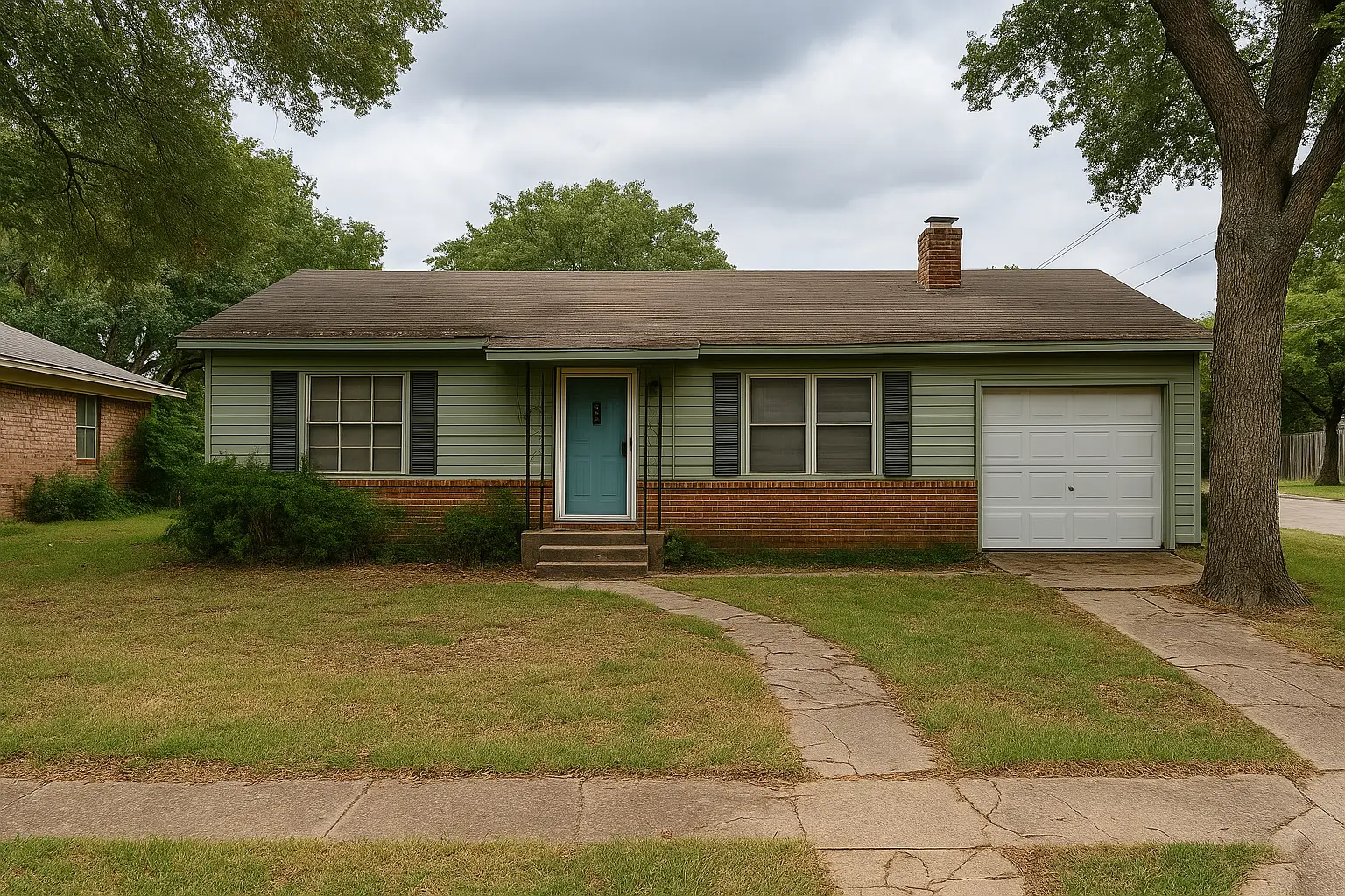 Older two-story suburban home in North Richland Hills, Texas with light siding, overgrown bushes, and cracked driveway.