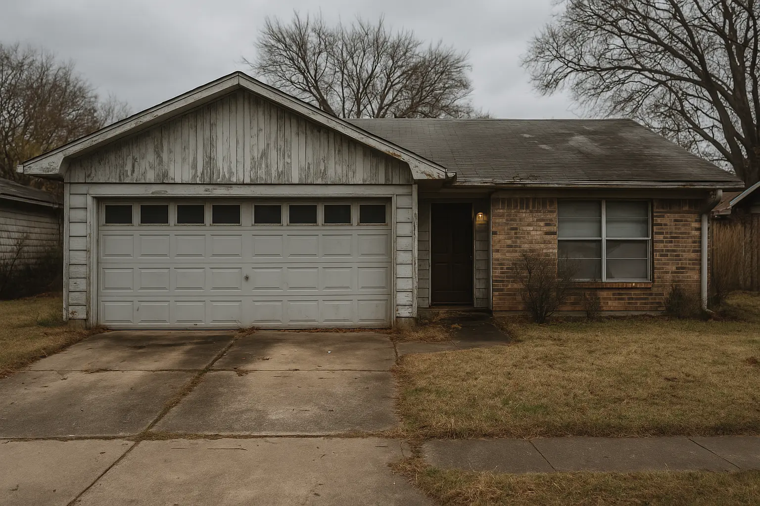 Distressed gray single-story home in North Richland Hills, Texas with a two-car garage and cracked driveway.