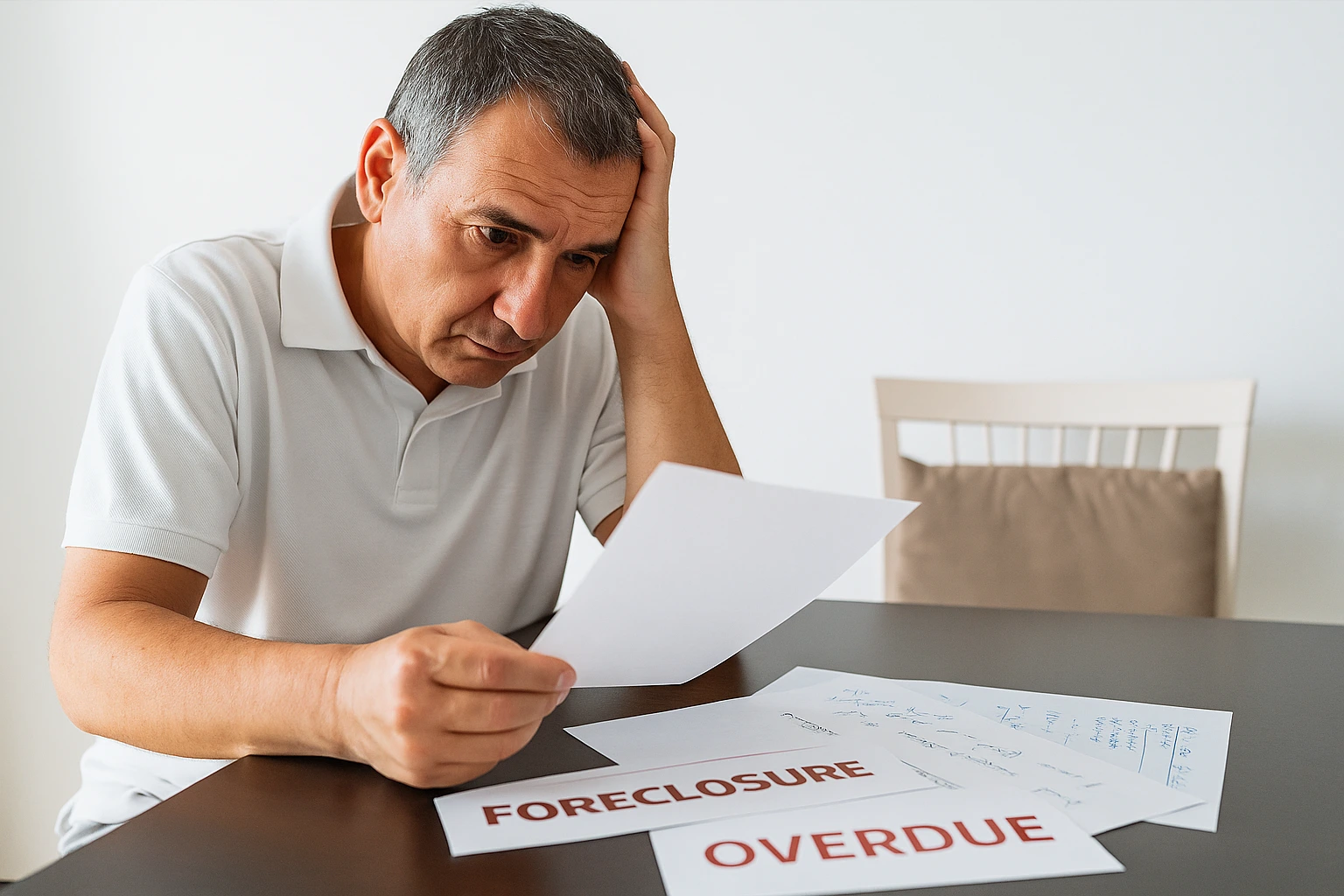 Stressed homeowner in Dallas Fort Worth reviewing foreclosure and overdue bills at the kitchen table