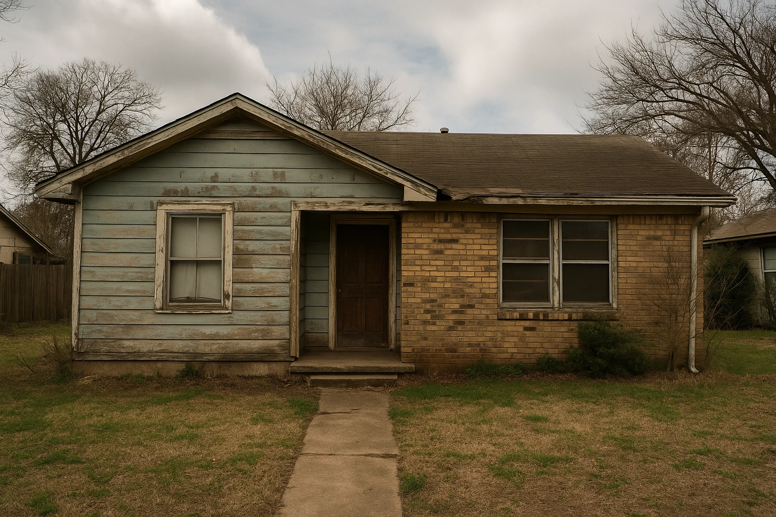 Distressed blue and brick home in Farmers Branch ideal for selling fast to a cash home buyer
