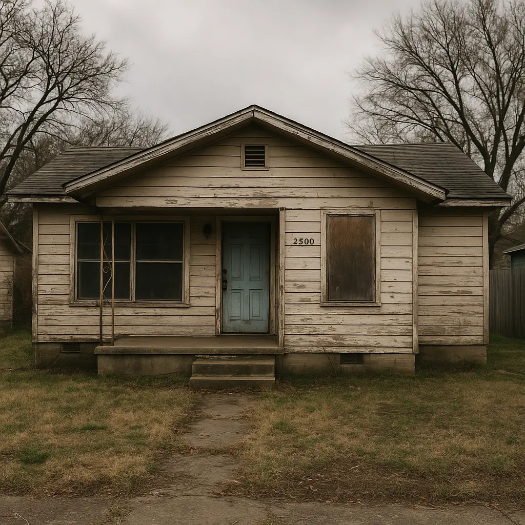 Fixer upper house in Irving Texas with visible exterior damage